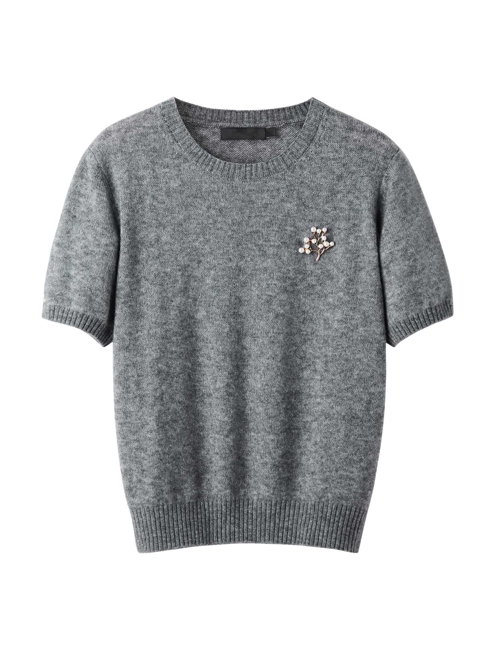Wool Blend Pearl Brooch Short Sleeve Sweater