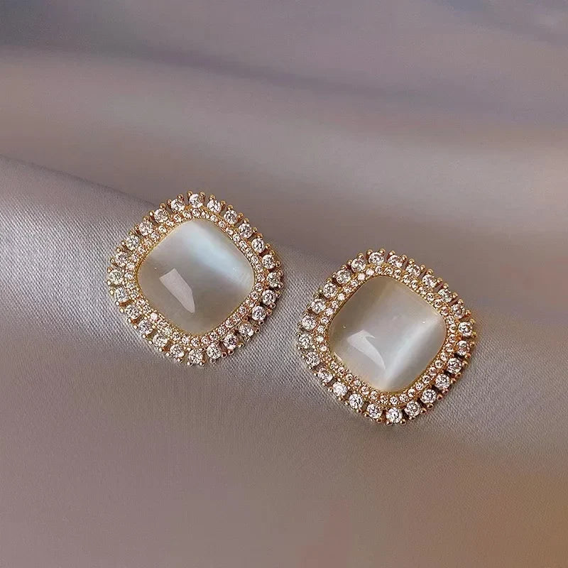 Chic Square Opal and CZ Crystal Stud Earrings
