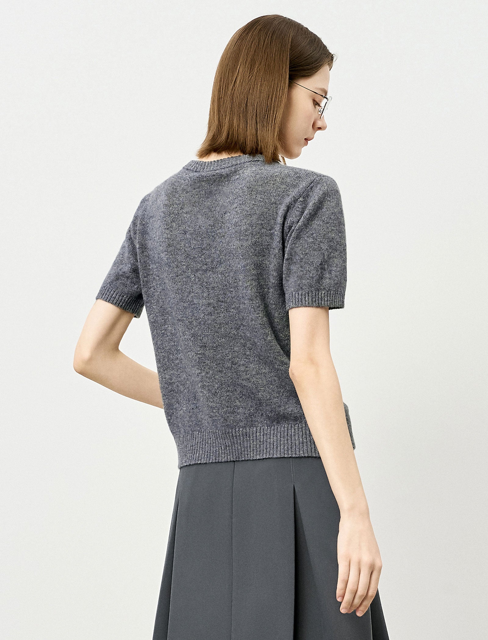 Grey Floral Embroidered Short Sleeve Sweater