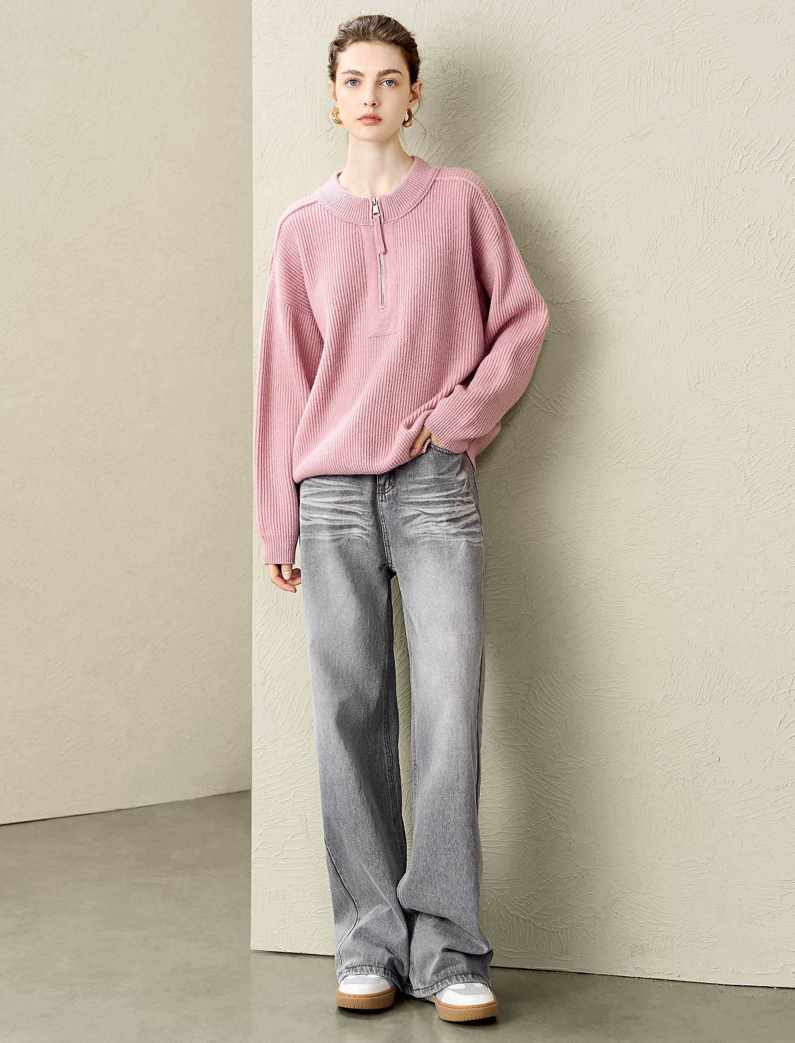 Half-Zip 100% Wool Ribbed Sweater